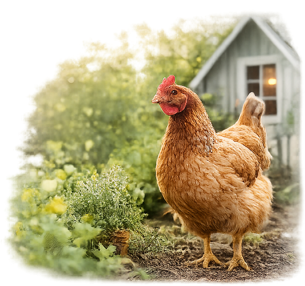 A hen in a backyard garden in front of a coop